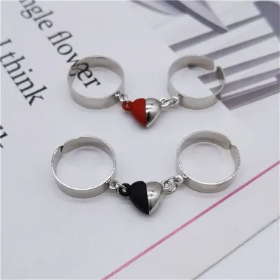 Black & Red Magnetic Heart Design Couple Rings